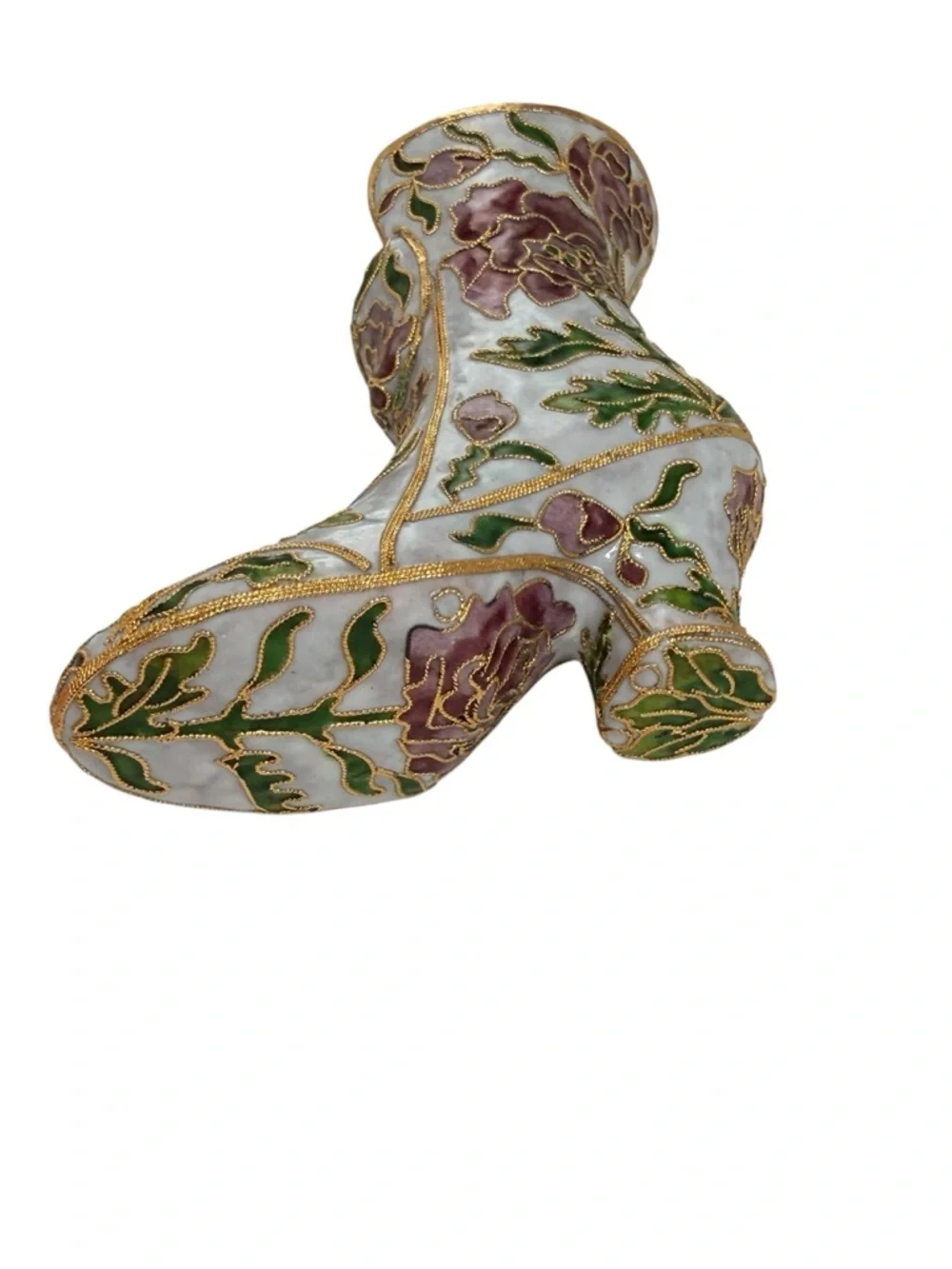 Floral Cloisonné Decorative Boot Vase - White with Pink & Green